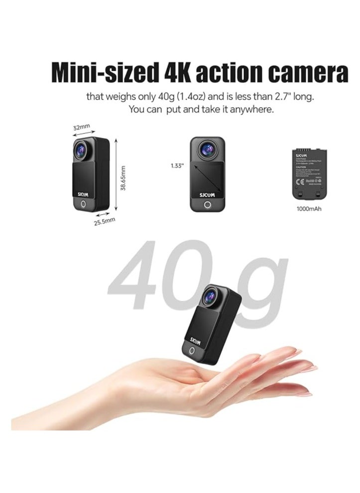 SJCAM C300 Pocket Action Camera,4K Body Camera, Stabilization, Waterproof, Touch Screen, Small Wearable, Mini POV Camera, Removable Dual Battery, with Helmet Mount Kits, Black