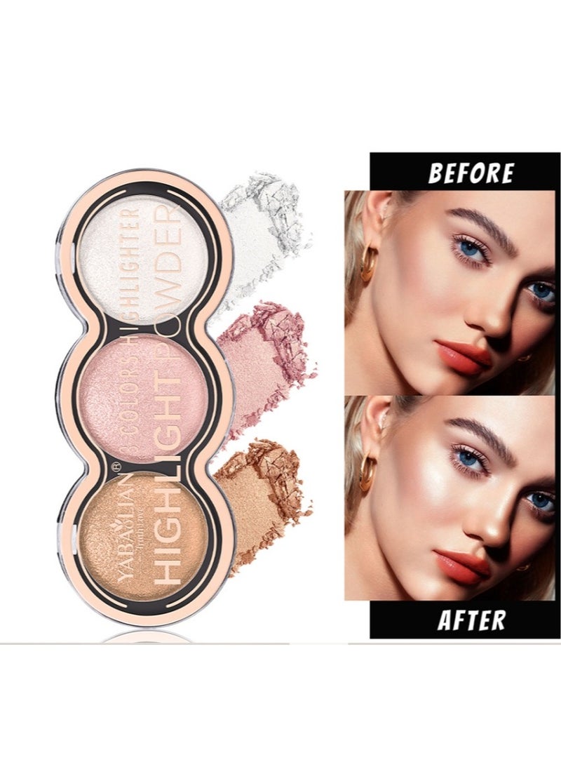 3 Color Glitter Highlighter Powder Palette,3 in 1 Blush and Highlighter Powder Makeup,Waterproof Long Lasting,Highly Pigmented Face Illuminator for a Glowing Look 1 Pcs Palette