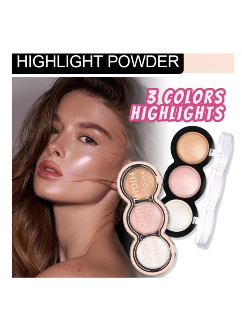 3 Color Glitter Highlighter Powder Palette,3 in 1 Blush and Highlighter Powder Makeup,Waterproof Long Lasting,Highly Pigmented Face Illuminator for a Glowing Look 1 Pcs Palette