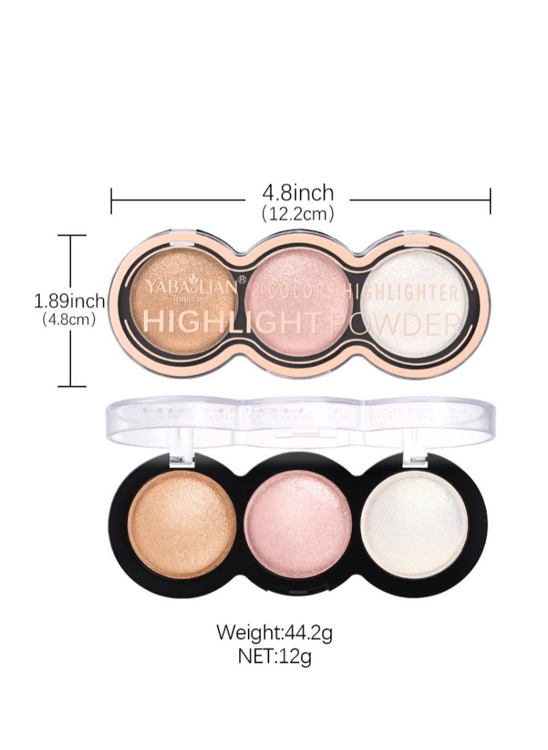 3 Color Glitter Highlighter Powder Palette,3 in 1 Blush and Highlighter Powder Makeup,Waterproof Long Lasting,Highly Pigmented Face Illuminator for a Glowing Look 1 Pcs Palette