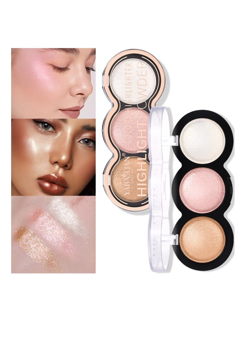 3 Color Glitter Highlighter Powder Palette,3 in 1 Blush and Highlighter Powder Makeup,Waterproof Long Lasting,Highly Pigmented Face Illuminator for a Glowing Look 1 Pcs Palette