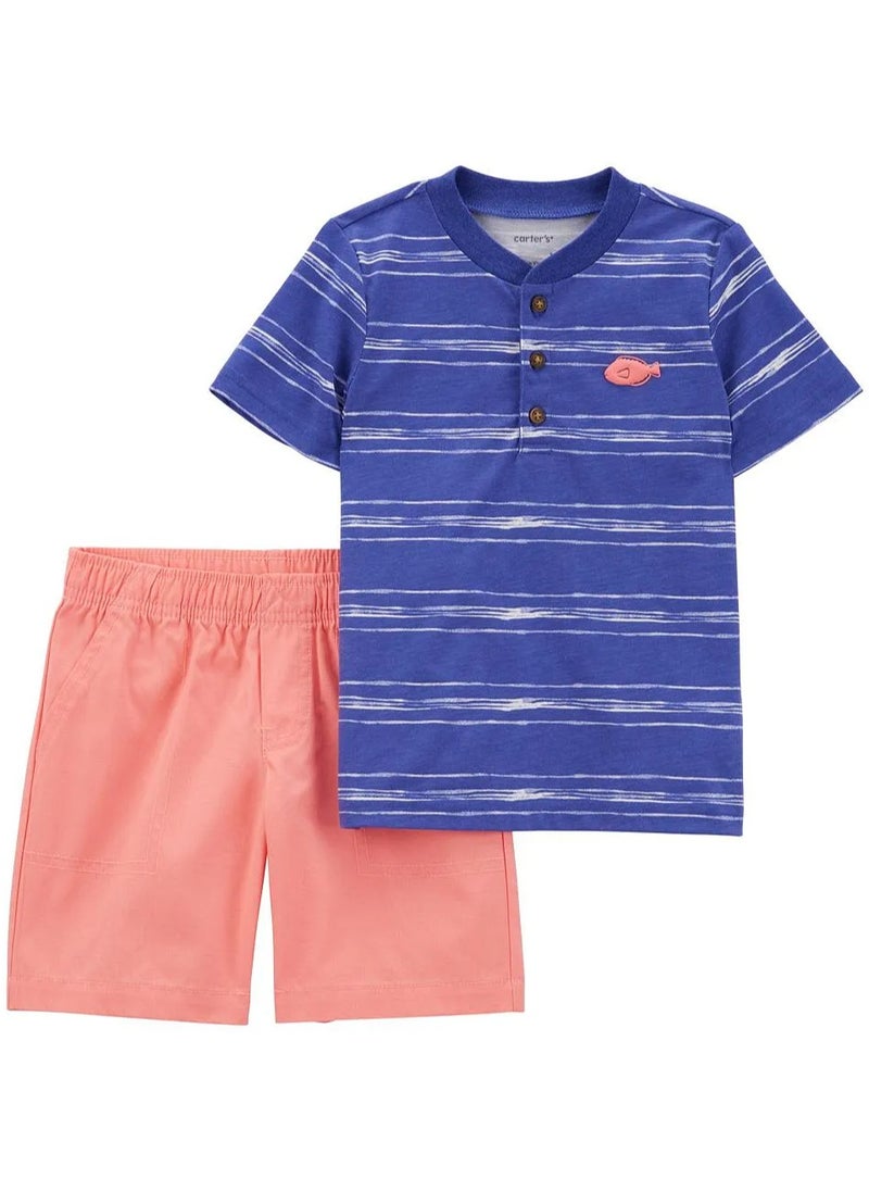 Carter's 2-Piece Striped & Fish Graphic Henley T-Shirt & Shorts Set -Blue & Coral