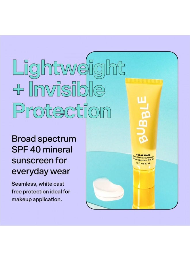 Bubble Skincare Solar Mate Mineral Face Sunscreen Broad Spectrum SPF 40 - Zinc Oxide Sunscreen with Blue Light Protection & Ginseng Extract - Sheer, Lightweight Coverage With No White Cast (50ml)