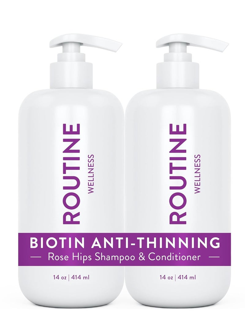 Routine Wellness Biotin Anti-Thinning Shampoo and Conditioner Set for Women & Men - DHT Blocker - Color Safe Shampoo for Hair Loss - Healthier Growth - Rose Hips 14oz (Pack of 2)