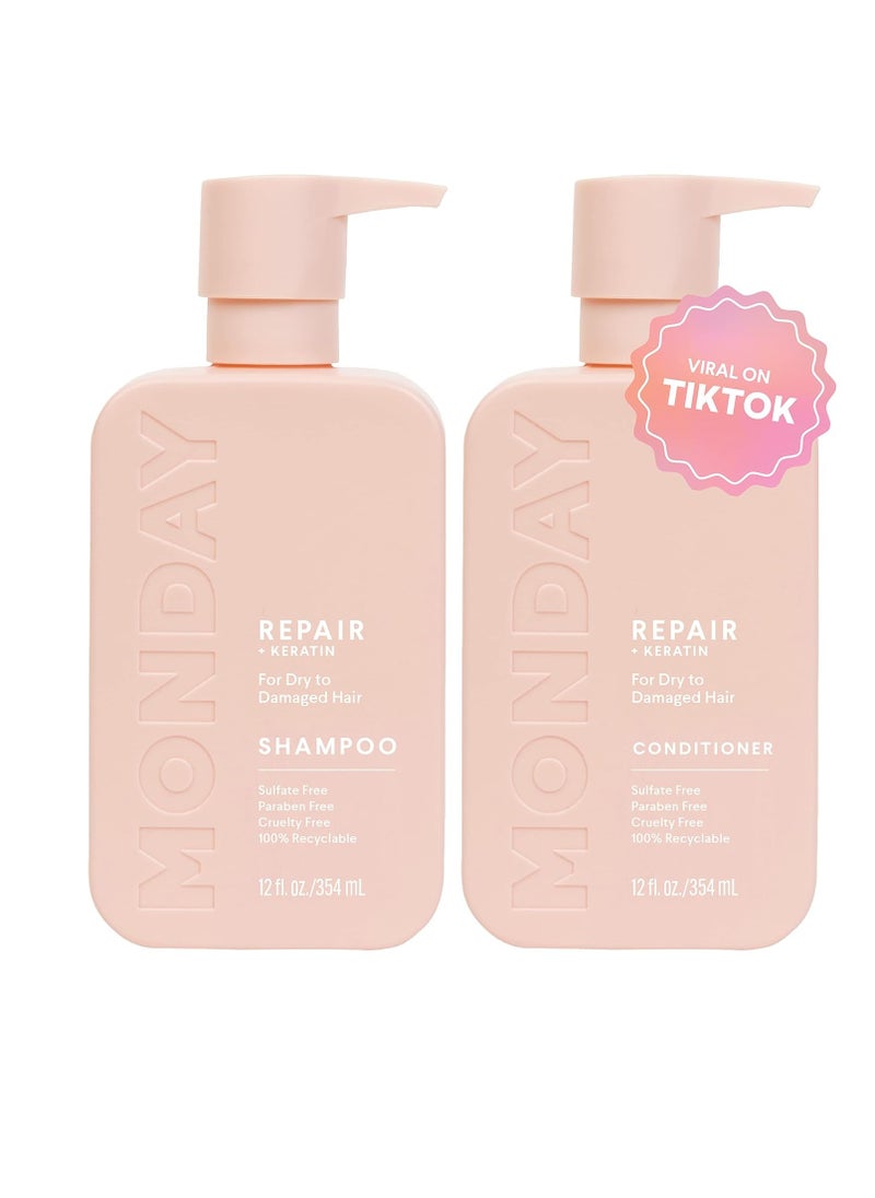 MONDAY HAIRCARE Repair Shampoo and Conditioner Set 12oz for Dry to Damaged Hair, Made with Keratin, Coconut Oil, Shea Butter and Vitamin E