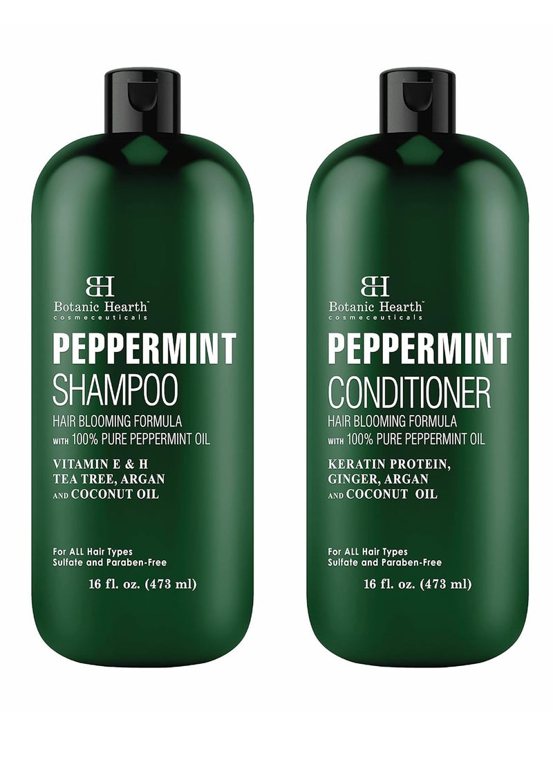 BOTANIC HEARTH Peppermint Oil Shampoo and Conditioner Set - Hair Blooming Formula with Keratin - Fights Hair Loss & Thinning, Promotes Hair Growth-Sulfate Free for Men and Women - 16 fl oz x 2