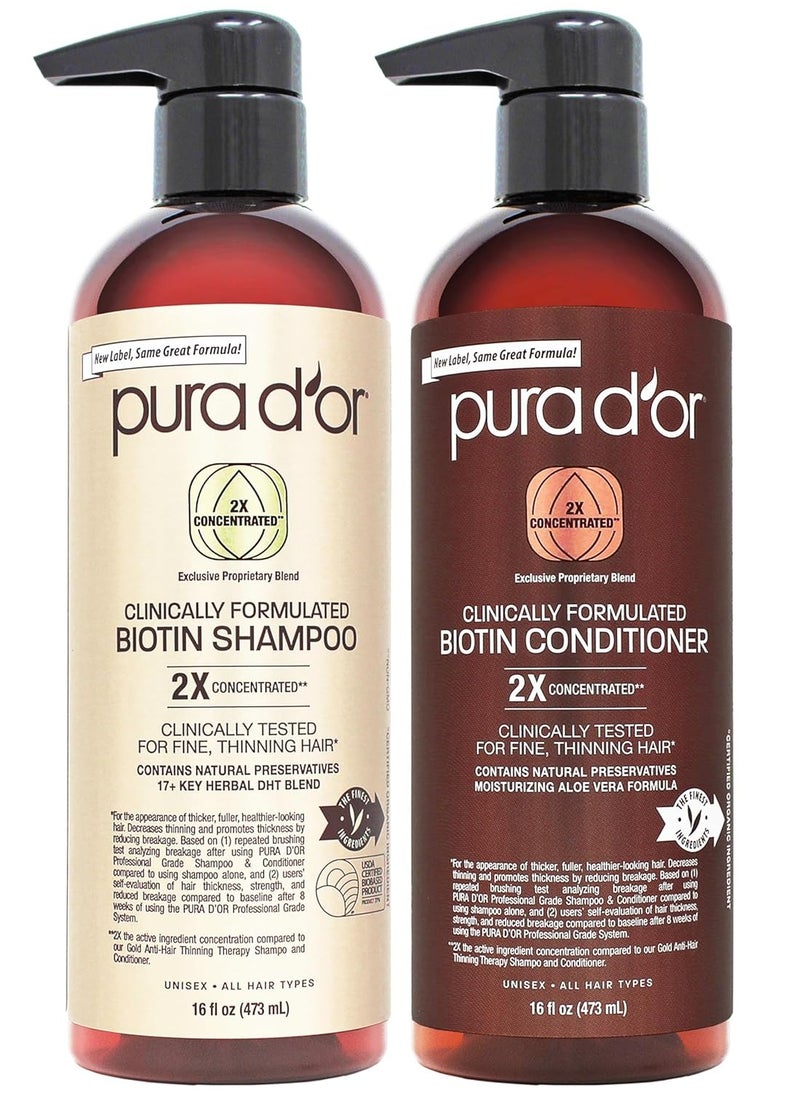 PURA D'OR Professional Grade Clinically Formulated Biotin Shampoo & Conditioner For Hair Thinning - 2X Concentrated DHT Blocker Thickening Products For Women & Men, Sulfate Free, 16oz x2