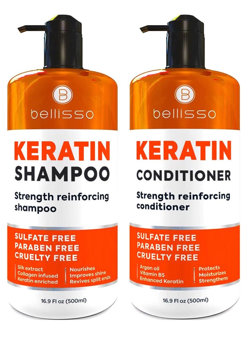 Keratin Shampoo and Conditioner Set - Sulfate Free and Paraben Free - Salon Thickening Treatment for Dry, Damaged, Curly, Frizzy, Straight or Color Treated Hair - Anti Frizz Formula for Women and Men