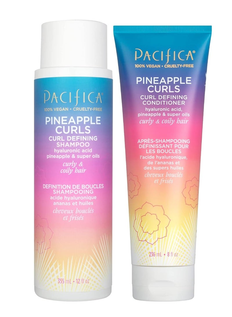 Pacifica Shampoo & Conditioner Set - Pineapple Curls Curl Defining Hair Care, Hyaluronic Acid, Coconut Oil, No Frizz, For Curly Coily Hair Clean Vegan & Cruelty-Free Dermatologist Tested