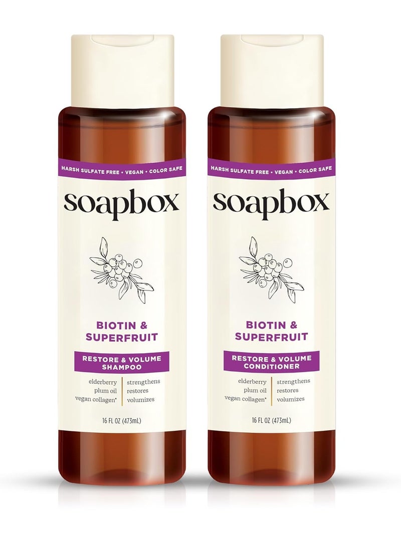 Soapbox Biotin & Superfruit Shampoo & Conditioner Set with Vegan Collagen, Aloe and Shea Butter, Pack of 2 Sulfate Free, Paraben Free, Silicone Free, Color Safe and Vegan Hair Products, 16 Ounces Each