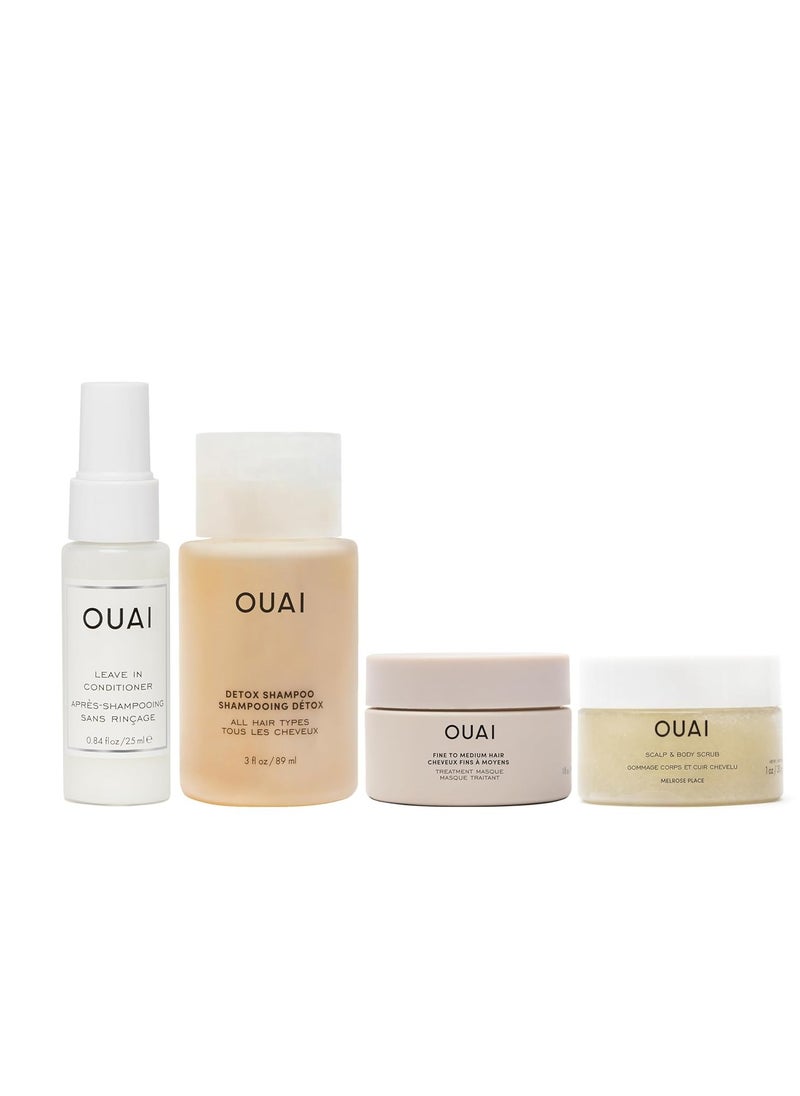 OUAI Travel Kit - Includes Travel Size Leave In Conditioner, Detox Shampoo, Fine to Medium Hair Mask, Scalp & Body Scrub - Travel Size Stocking Stuffers for Women (4 Count)