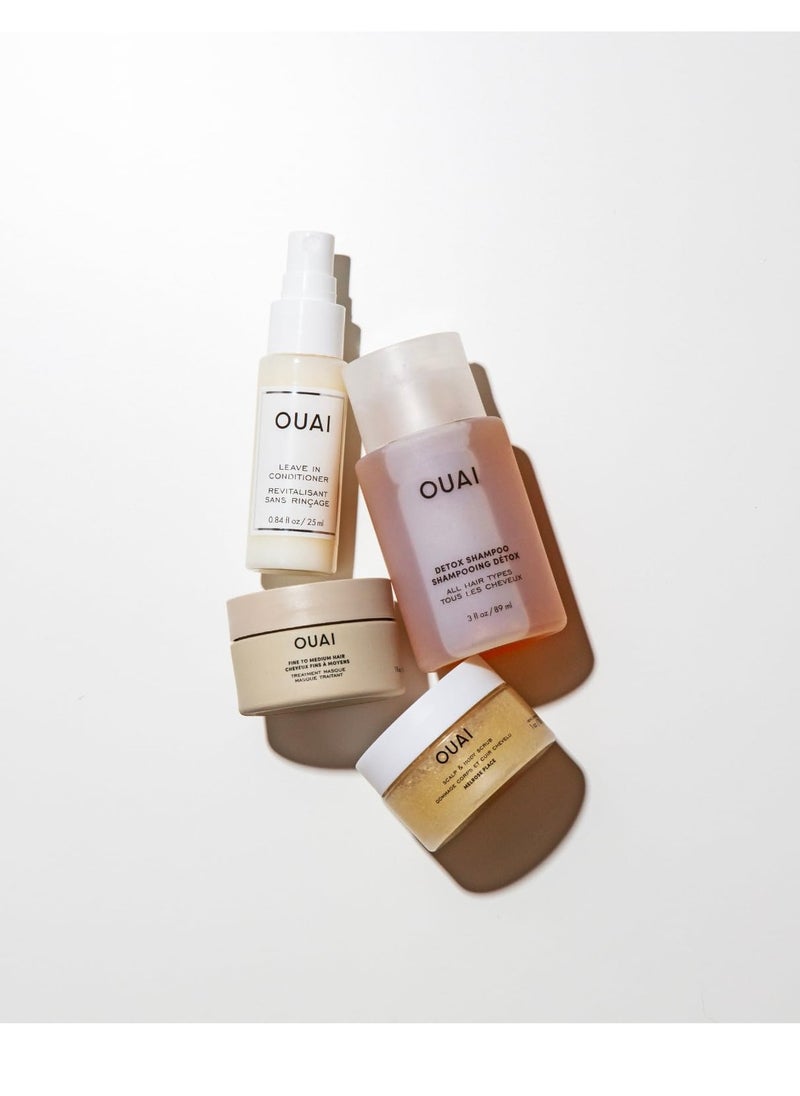 OUAI Travel Kit - Includes Travel Size Leave In Conditioner, Detox Shampoo, Fine to Medium Hair Mask, Scalp & Body Scrub - Travel Size Stocking Stuffers for Women (4 Count)