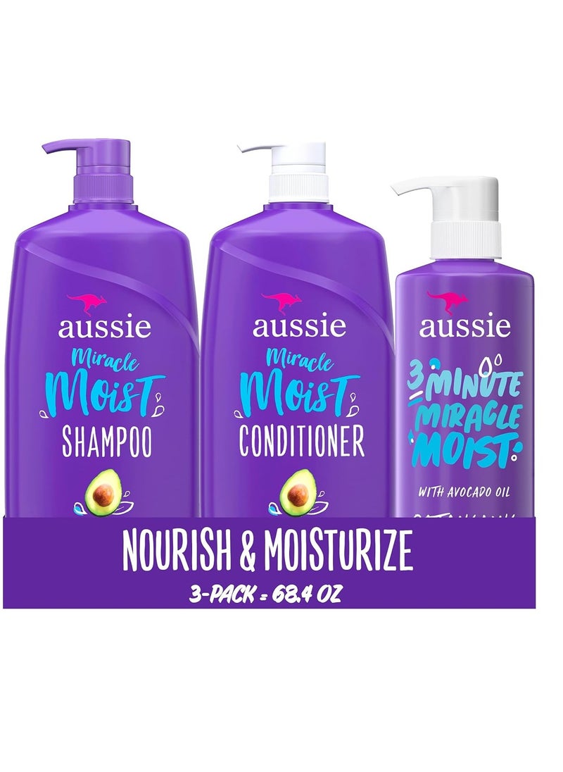 Aussie Miracle Moist Shampoo and Conditioner with 3 Minute Miracle Deep Conditioner, Avocado & Jojoba Oil, Paraben-Free, Moisturizes & Detangles, All Hair Types, Citrus Floral Scent, 3 Pack 68.4 Fl Oz