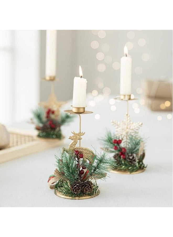 Christmas Candle Holders Gold Reindeer Snowflake Star Candlestick Red Berry Pine Cones Decoration for Taper Table Centerpiece Festive Ornaments No Candles (2pcs-Star)