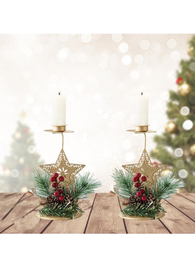 Christmas Candle Holders Gold Reindeer Snowflake Star Candlestick Red Berry Pine Cones Decoration for Taper Table Centerpiece Festive Ornaments No Candles (2pcs-Star)