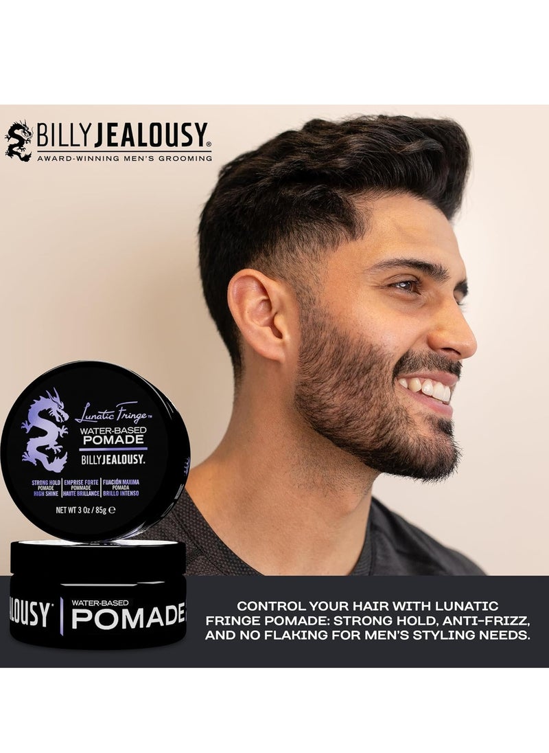 Billy Jealousy Lunatic Fringe Water-Based Pomade for Men, Strong Hold, High Shine, Water Soluble and Vegan Hair Product Ideal for Medium to Long Thick Mane, 3 oz