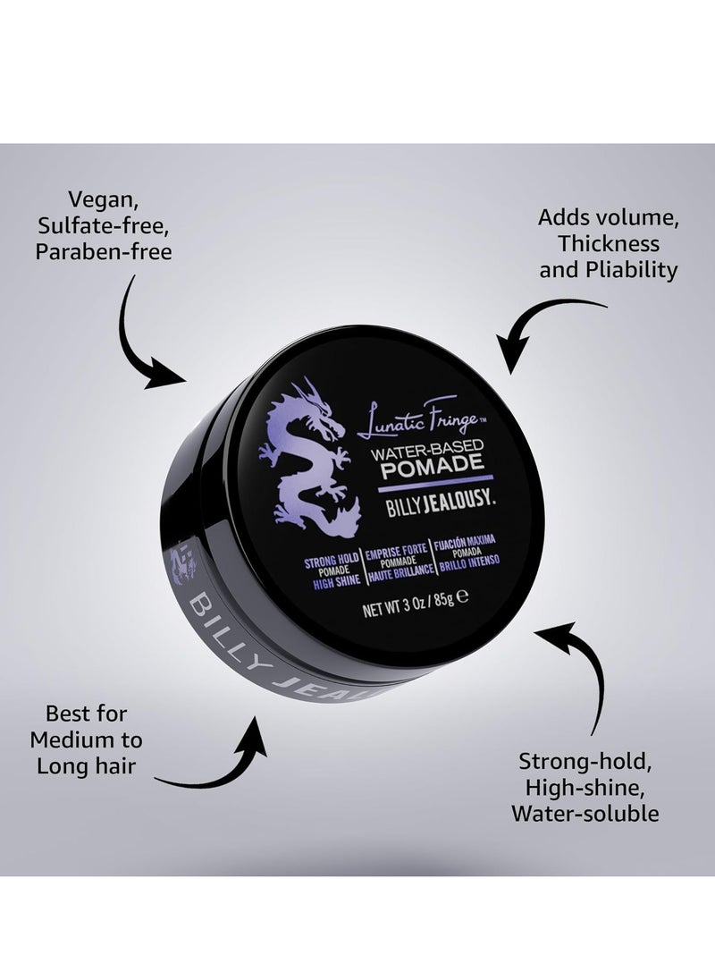 Billy Jealousy Lunatic Fringe Water-Based Pomade for Men, Strong Hold, High Shine, Water Soluble and Vegan Hair Product Ideal for Medium to Long Thick Mane, 3 oz