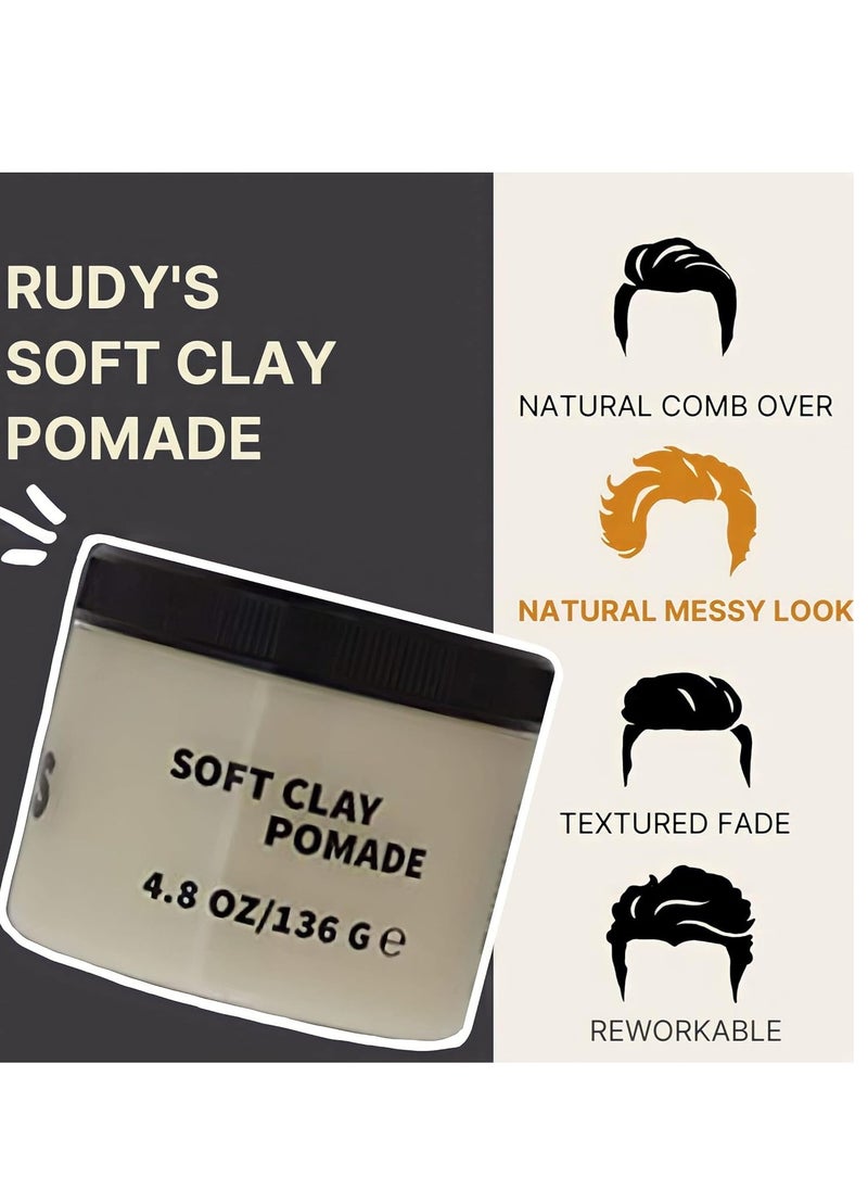 Rudy's Soft Clay Pomade - Lightweight and Pliable All Day Hold - Paraben Free - for Waves and Texture (2.2 oz)