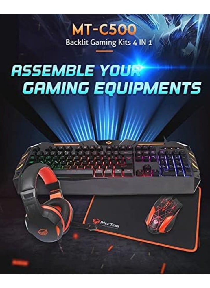 MEETiON Gaming Keyboard and Mouse pad with Gaming Headset, Wired LED RGB Backlight Bundle for PC Desktop Gamers Full Set Users - 4 in 1 Gift Box Edition MEETiON