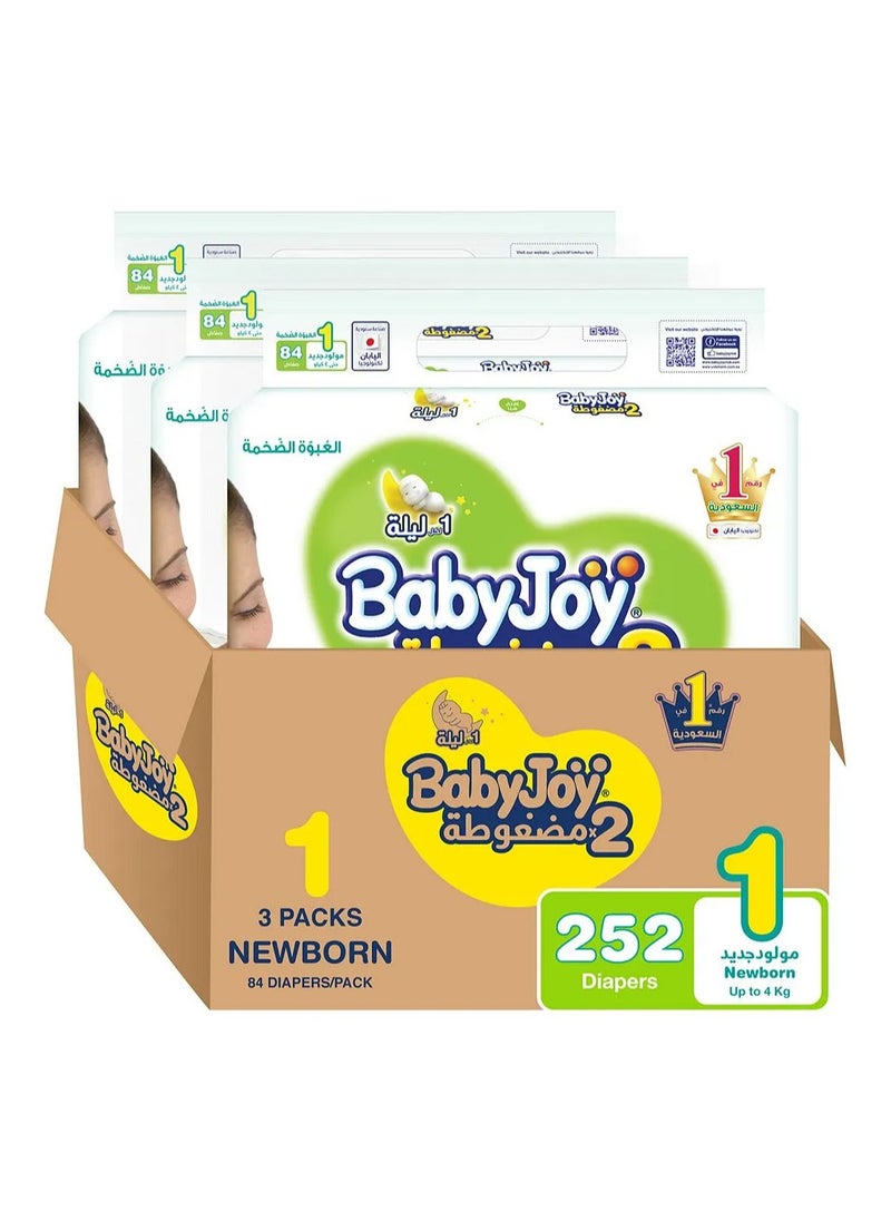 BabyJoy Compressed Diamond Pad Tape Style Diapers, 252 Pieces Total, Size 1 Newborn Pack of 3, Up to 4kg - Sensitive Skin Safe, Waist Stretch, Breathable