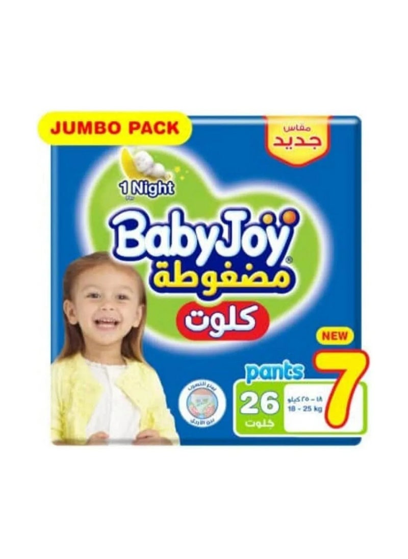 BabyJoy Compressed Culotte Pant Style Diapers, 26 Pieces Jumbo Pack, Size 7, 18-25Kg - Leak Protection, Navel Cut Design, Breathable Material