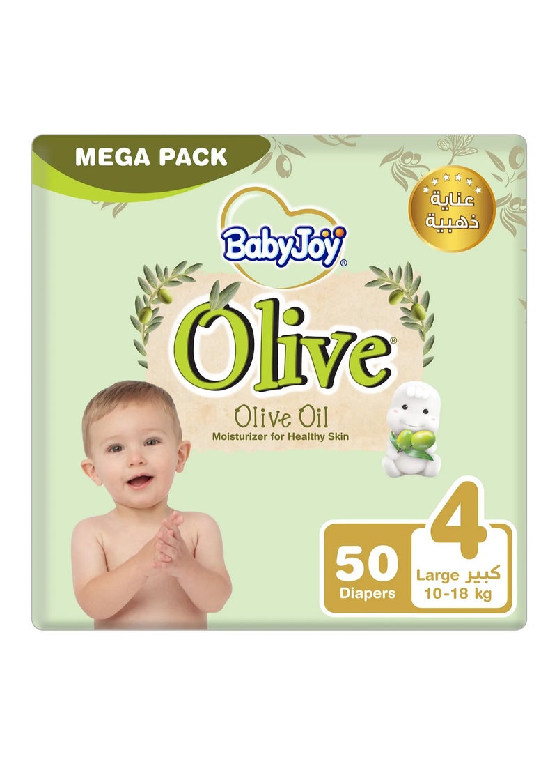 BabyJoy Olive Tape Style Diapers, 50 Pieces, Large Size 4 Mega Pack, 10-18kg - Gentle Olive Moisturising, Breathable, Compressed Air Channel