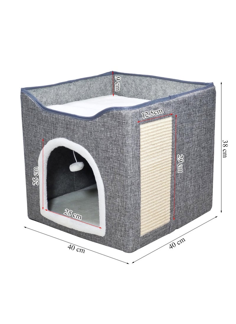 Cat beds with Side scratcher, Flurry Ball, and Foldable design, Cat house for Indoor cats, Multi-level bed space, Reversible cushion, and Washable, Easy to clean 40 cm (Grey)