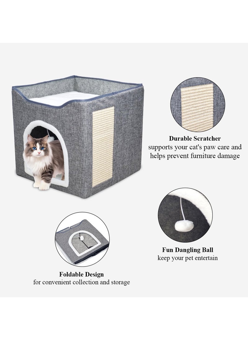 Cat beds with Side scratcher, Flurry Ball, and Foldable design, Cat house for Indoor cats, Multi-level bed space, Reversible cushion, and Washable, Easy to clean 40 cm (Grey)