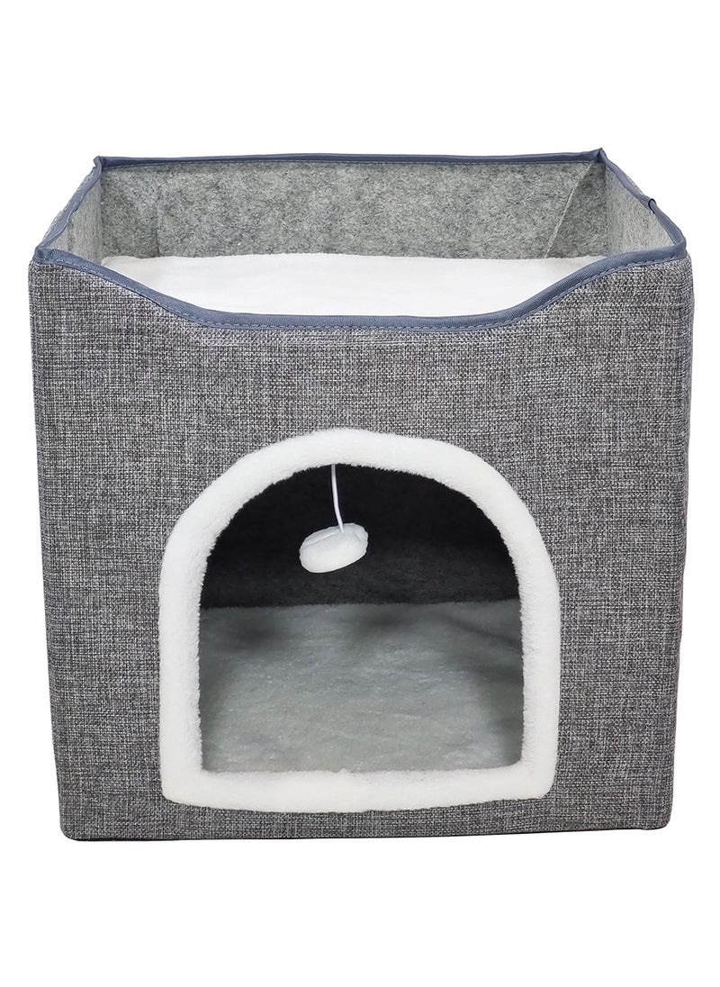 Cat beds with Side scratcher, Flurry Ball, and Foldable design, Cat house for Indoor cats, Multi-level bed space, Reversible cushion, and Washable, Easy to clean 40 cm (Grey)