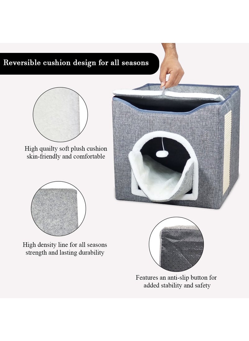 Cat beds with Side scratcher, Flurry Ball, and Foldable design, Cat house for Indoor cats, Multi-level bed space, Reversible cushion, and Washable, Easy to clean 40 cm (Grey)