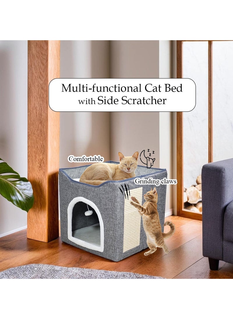 Cat beds with Side scratcher, Flurry Ball, and Foldable design, Cat house for Indoor cats, Multi-level bed space, Reversible cushion, and Washable, Easy to clean 40 cm (Grey)