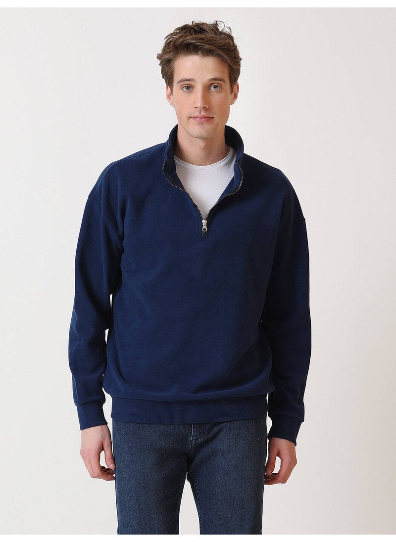 Navy Blue Stand Collar Printed Sweatshirt