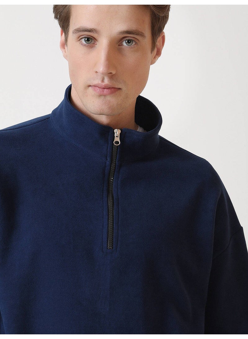 Navy Blue Stand Collar Printed Sweatshirt