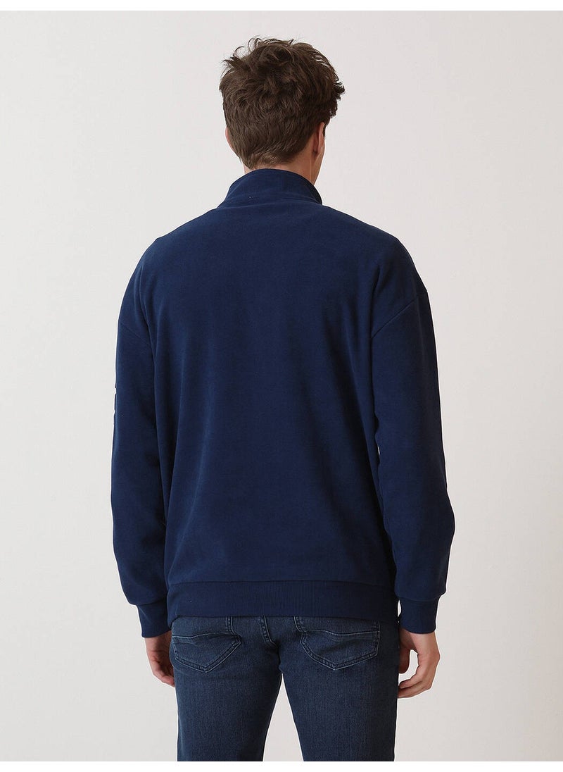 Navy Blue Stand Collar Printed Sweatshirt