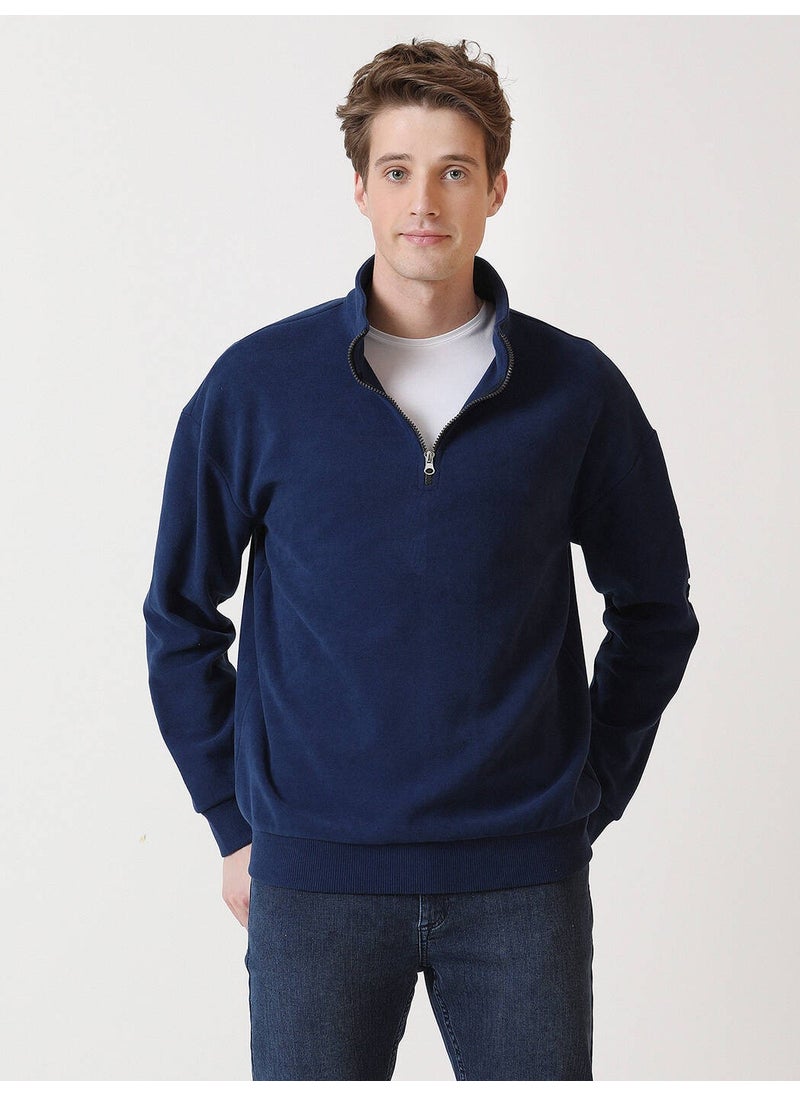 Navy Blue Stand Collar Printed Sweatshirt