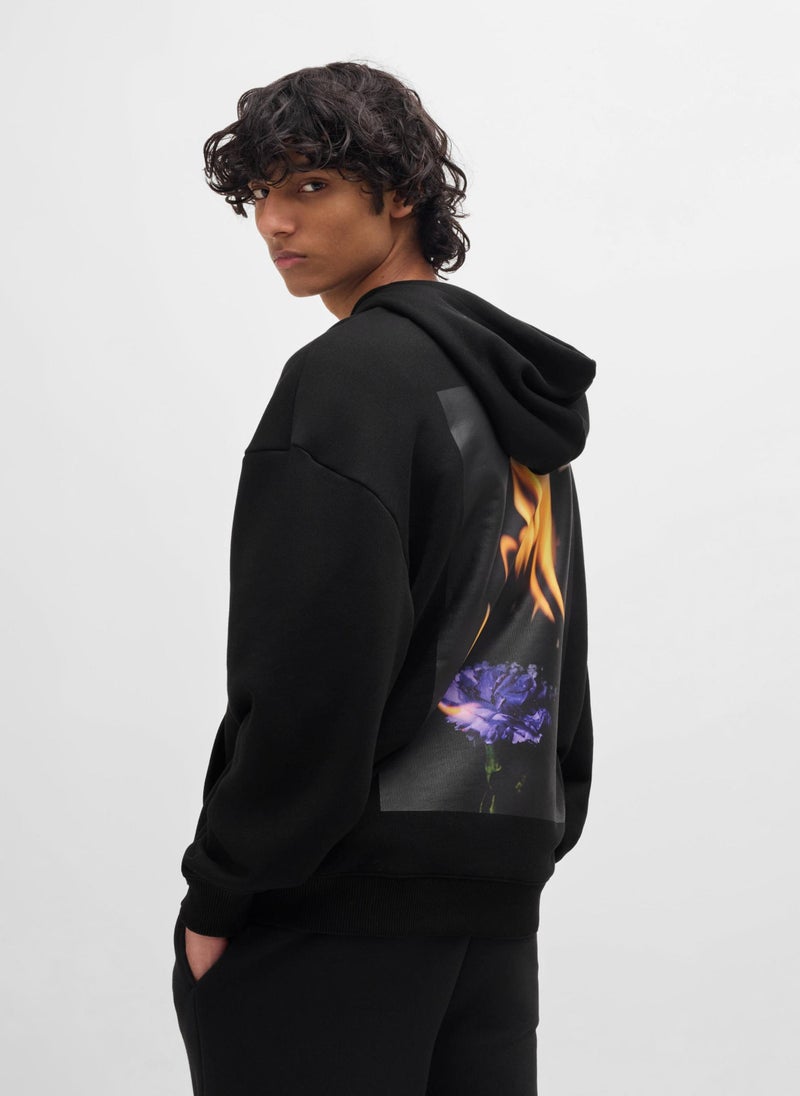 Cotton-blend hoodie with flame-floral artwork