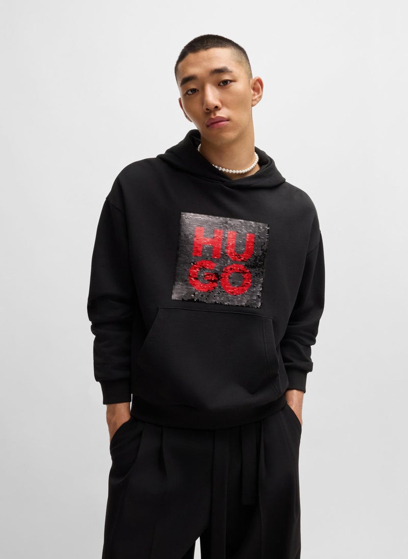 Relaxed-fit hoodie with brush-up sequinned logo