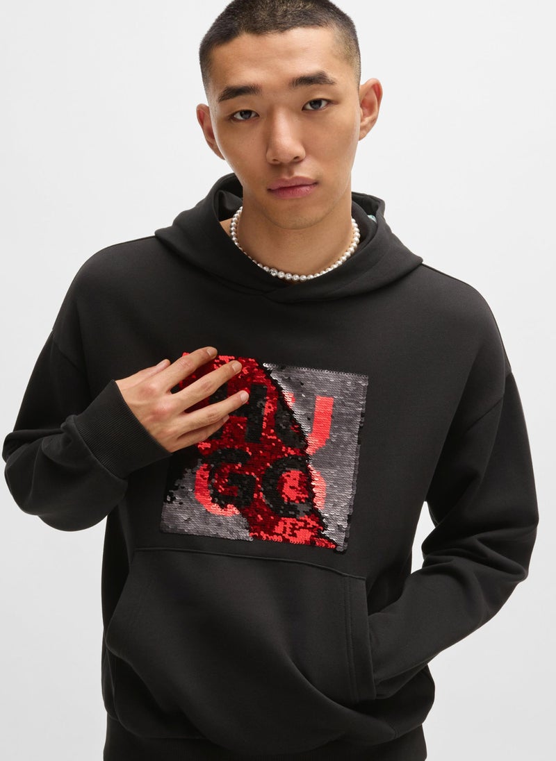 Relaxed-fit hoodie with brush-up sequinned logo