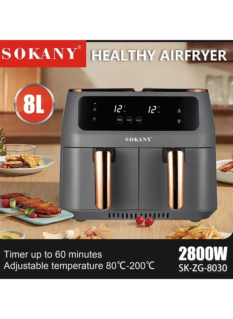 Sokany SK-ZG-8030 Two Zones Cyclonic Air One pot Dual use Air Fryer 8L with 2800 Watt