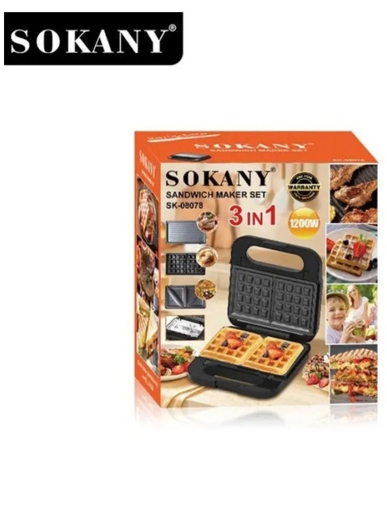 Multimaker 3 in 1 SOKANY SK-08078 waffle maker for Belgian waffles, sandwich maker 1200W