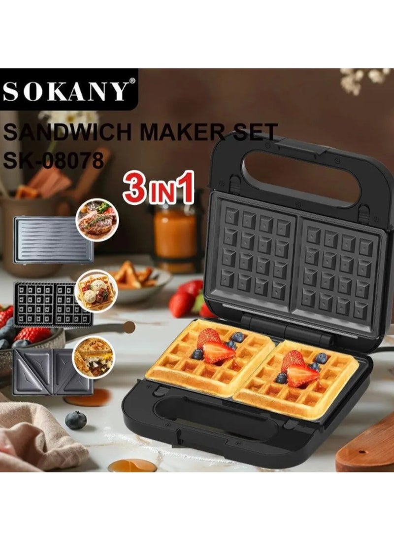 Multimaker 3 in 1 SOKANY SK-08078 waffle maker for Belgian waffles, sandwich maker 1200W