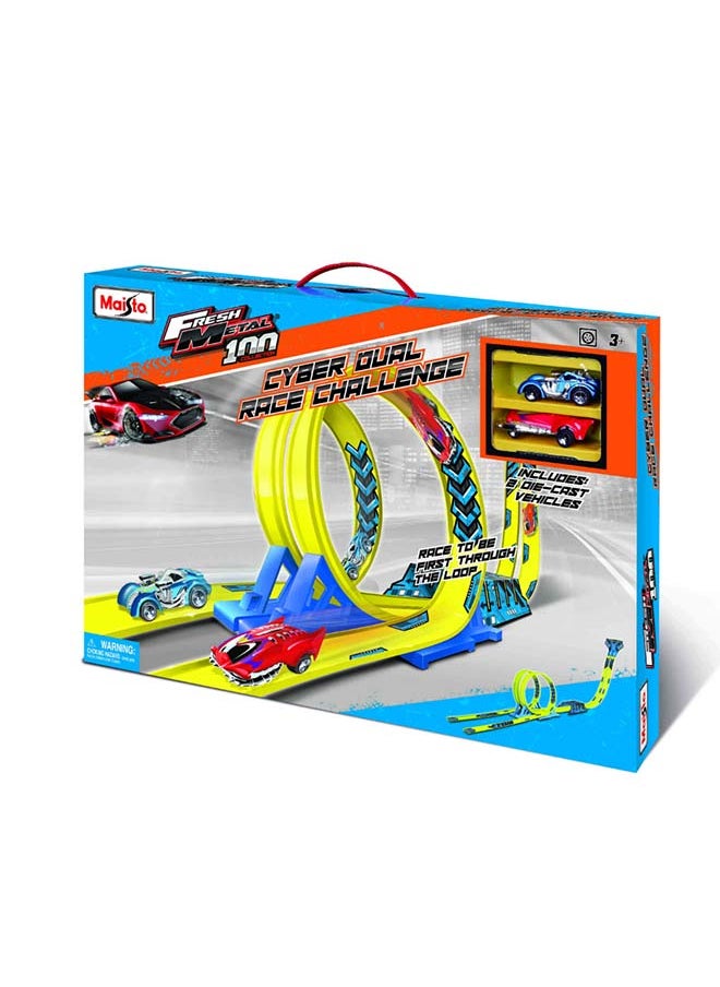 Fresh Metal 100 Cyber Dual Race Challenge Action Toy for Kids Aged 5 + with Toy Car Track Set, Track Builder Playset & Accessories