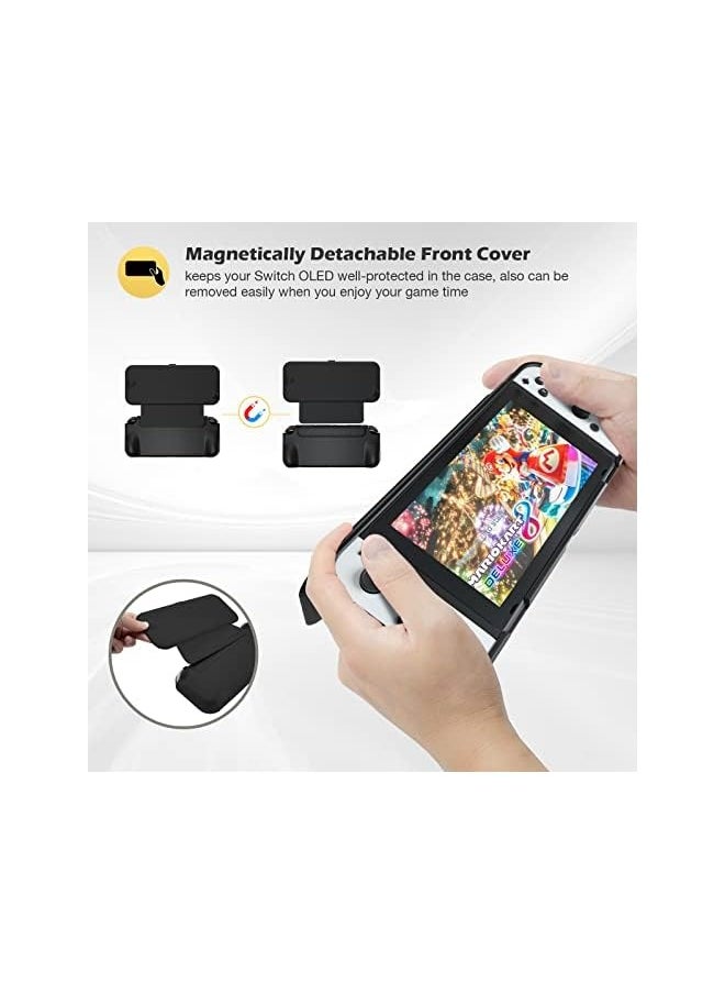 Flip Cover for Nintendo Switch OLED Model 2021 with 2 Screen Protectors, Switch OLED Protective Case with Magnetically Detachable Front Shell -Black