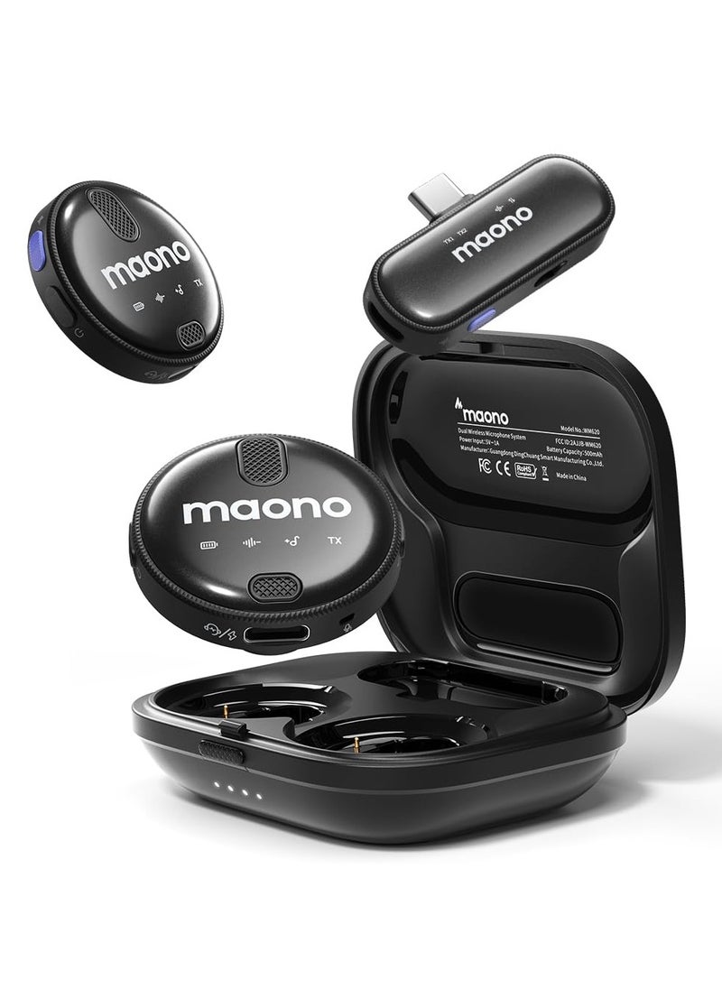Maono WM620PC2 Wireless Collar Mic – Noise Cancelling Lapel Mic for Type-C Devices, PC| 100m Range, Dual Mic, Clip-On Design – Black