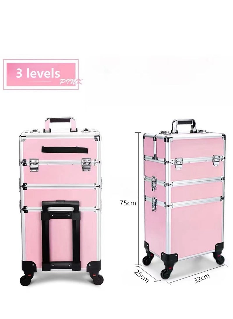 Large Capacity Makeup Case with Pull Rod and Wheels, Detachable Carrying Case, Portable Travel Cosmetics Storage Box (Pink -3 Layers)