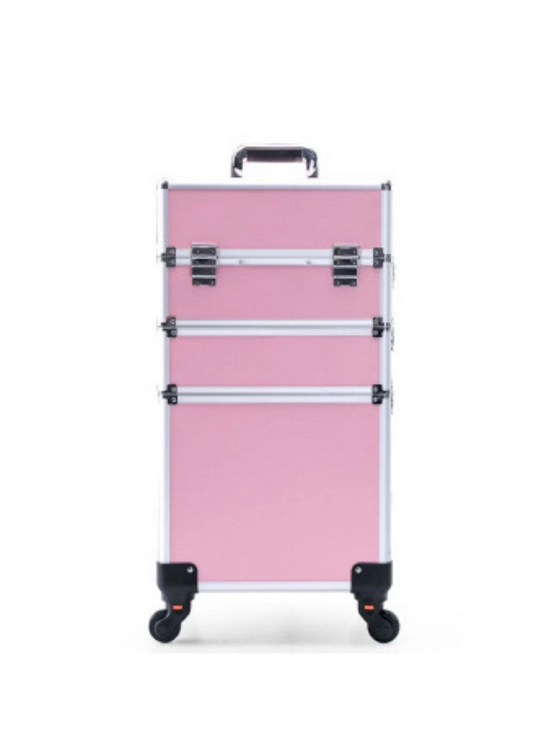 Large Capacity Makeup Case with Pull Rod and Wheels, Detachable Carrying Case, Portable Travel Cosmetics Storage Box (Pink -3 Layers)