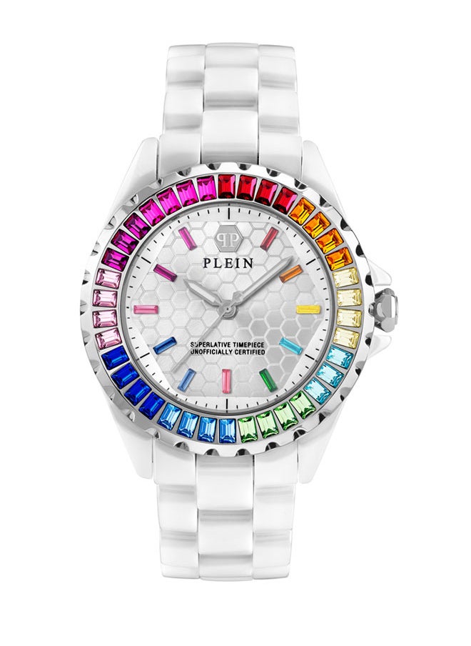 PLEIN HEAVEN Women's Ceramic Watch, Rainbow Gemstone Bezel, White Honeycomb Dial, 38mm Ceramic Case, 3-Hand Quartz, 50m Water Resistance