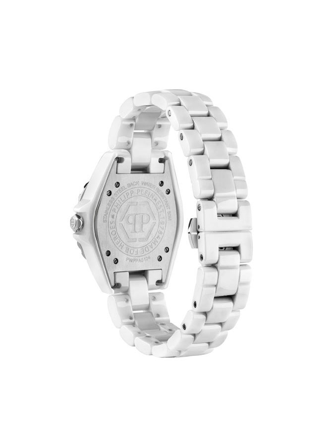 PLEIN HEAVEN Women's Ceramic Watch, Rainbow Gemstone Bezel, White Honeycomb Dial, 38mm Ceramic Case, 3-Hand Quartz, 50m Water Resistance