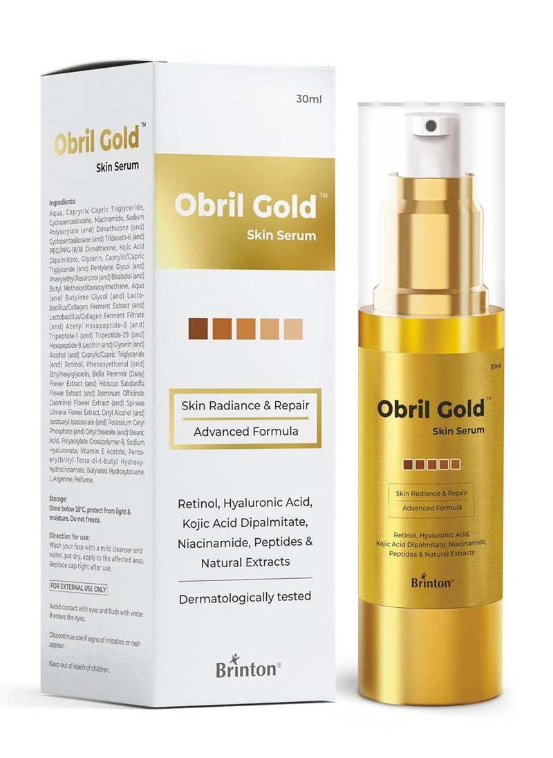 Brinton Obril Gold Skin Serum with Hyaluronic Acid, Retinol and Kojic Acid | Dermatologically Tested | All Skin Types | For Men and Women - 30ml