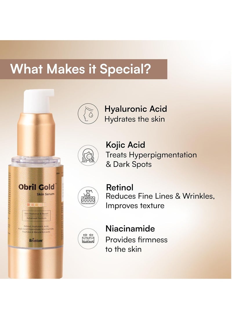Brinton Obril Gold Skin Serum with Hyaluronic Acid, Retinol and Kojic Acid | Dermatologically Tested | All Skin Types | For Men and Women - 30ml